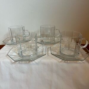 Arcoroc France Octime Glass Octagon Cups And Saucers, Set Of Four (4) Vintage